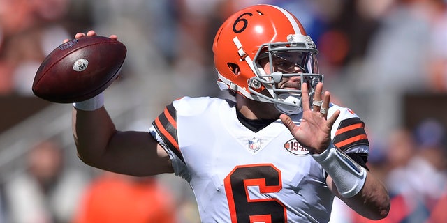 Cleveland Browns quarterback Baker Mayfield throws during the first half of a game against the Chicago Bears Sept. 26, 2021, in Cleveland.