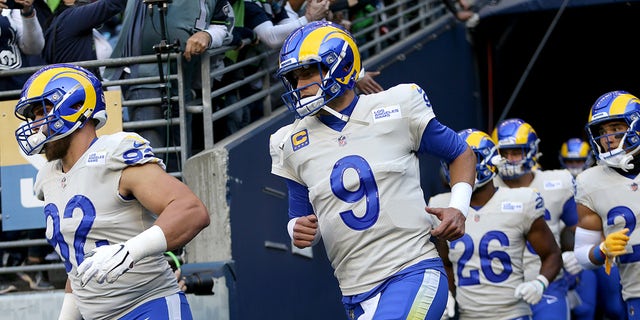 Quarterback Matthew Stafford of the Los Angeles Rams takes the field against the Seahawks at Lumen Field on Oct. 7, 2021, in Seattle, Washington.