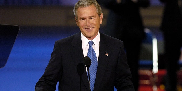 President George W. Bush delivers his speech on the last night of the Republican National Convention at Madison Square Garden, on Sept. 2, 2004, in New York City.  