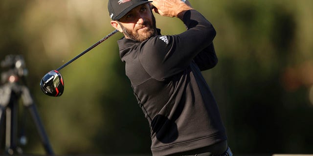 Dustin Johnson tees off during the Genesis Invitational at Riviera Country Club, Wednesday, Feb. 16, 2022, in the Pacific Palisades area of Los Angeles.