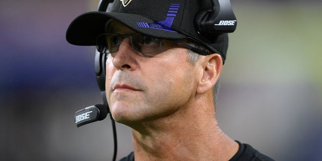 Baltimore Ravens head coach John Harbaugh walks on the sideline in the second half of a game against the Kansas City Chiefs Sept. 19, 2021, in Baltimore. 