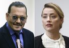 This combination of two separate photos shows actor Johnny Depp and Amber Heard at the Fairfax County Circuit Court in Fairfax, Va., on Thursday, May 5, 2022. 
