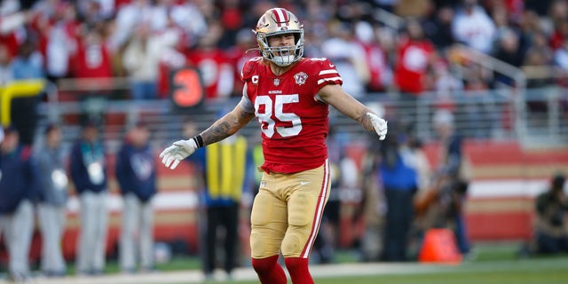 George Kittle #85 of the San Francisco 49ers celebrates after making a first down during the game against the Houston Texans at Levi's Stadium on January 2, 2022 in Santa Clara, California. The 49ers defeated the Texans 23-7. 