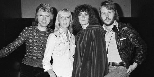 ABBA poses for a group shot in Copenhagen, Denmark, circa 1974.