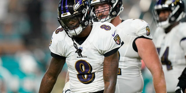 Baltimore Ravens quarterback Lamar Jackson (8) reacts after being sacked during the first half of a game against the Miami Dolphins Nov. 11, 2021, in Miami Gardens, Fla.
