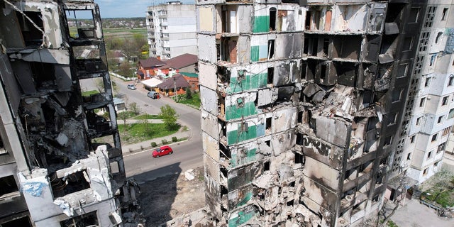 A view shows buildings destroyed by shelling in Borodyanka, Ukraine, on Monday, May 2, 2022. 