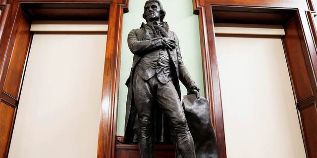 A statue of former U.S. President Thomas Jefferson is pictured in the council chambers in City Hall after a vote to have it removed in the Manhattan borough of New York City, New York, U.S., October 19, 2021.