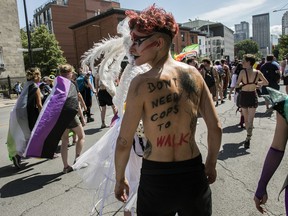 Artist Gazoline Burlesque walks on Sherbrooke St. East  in Montreal Sunday, August 7, 2022. This was during a protest march that was made after the Pride Parade was cancelled.