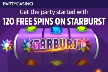 Deposit a minimum of £10 and get 120 FREE SPINS on Starburst with PartyCasino