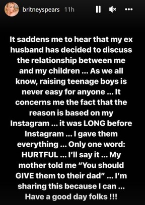Britney Spears shared a message on Instagram following criticism from her ex-husband Kevin Federline over their two teen children.