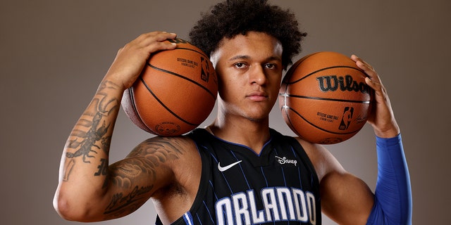 Paolo Banchero, #5 of the Orlando Magic, poses during the 2022 NBA Rookie Portraits at UNLV on July 15, 2022 in Las Vegas.