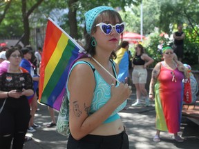 Nina Brébant in Place Émilie-Gamelin in Montreal Sunday, August 7, 2022, prior to an impromptu march in response to the cancellation of the Pride parade.