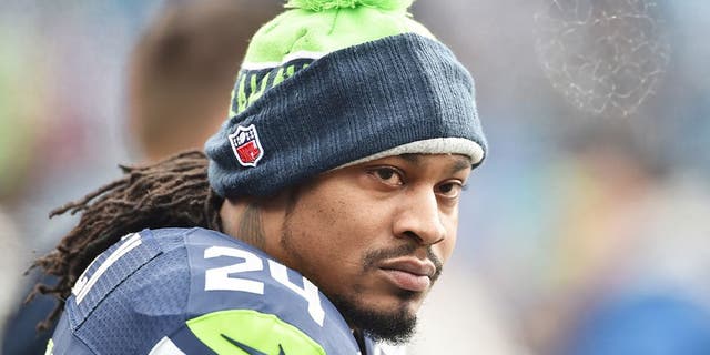 Marshawn Lynch of the Seattle Seahawks before an NFC divisional playoff game against the Carolina Panthers at Bank of America Stadium Jan. 17, 2016, Charlotte, N.C.