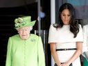 Queen Elizabeth and Meghan Markle, Duchess of Sussex, are seen at Kensington Palace in London, June 2018.