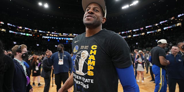 Andre Iguodala of the Golden State Warriors celebrates after Game 6 of the 2022 NBA Finals June 16, 2022, at TD Garden in Boston. 