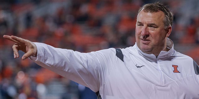 Head coach Bret Bielema of the Illinois Fighting Illini gestures during the game against the Chattanooga Mocs at Memorial Stadium on Sept. 22, 2022 in Champaign, Illinois. 