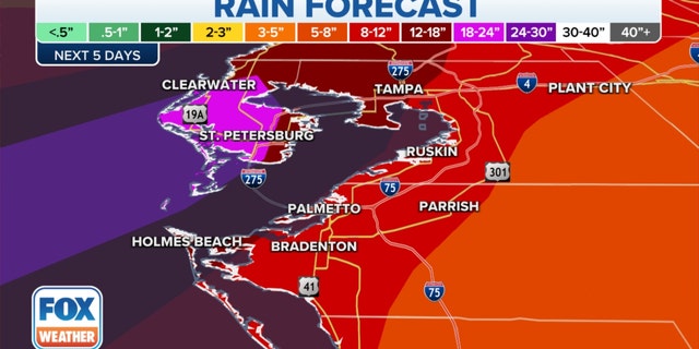 The rain forecast in the Tampa area over the next five days