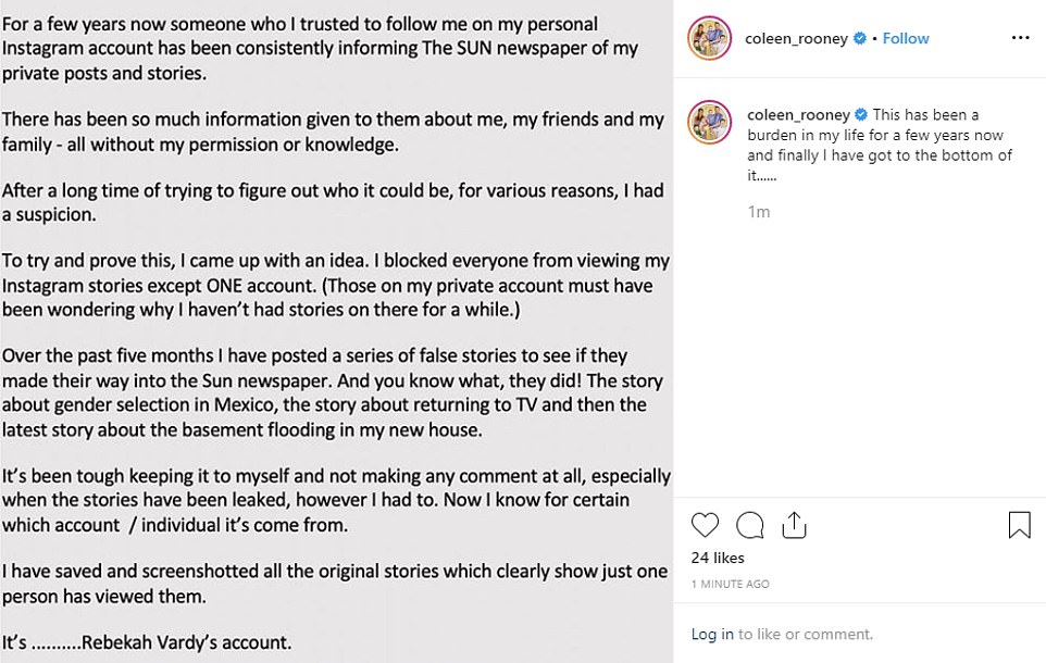 Mrs Rooney posted on Instagram accusing Mrs Vardy of leaking stories to The Sun newspaper following her own months-long 'sting operation'