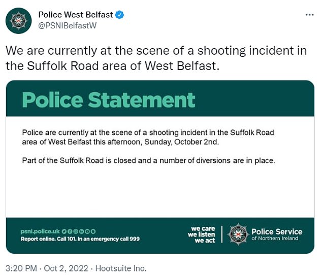 Police in West Belfast made a statement on Twitter that said officers were attending the scene of a shooting incident in the Suffolk Road area