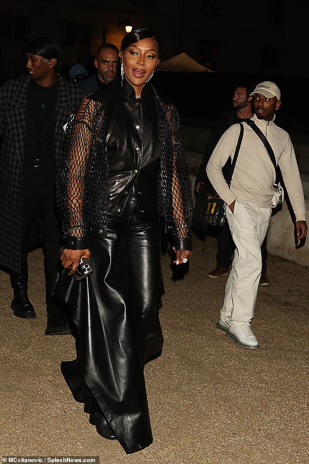 Edgy: Naomi Campbell wore a leather bomber with mesh sleeves at the event