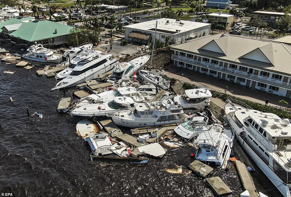 Boats and yachts in Fort Myers have been decimated by the Category 4 storm, which made landfall last week and has so far killed over 100 people