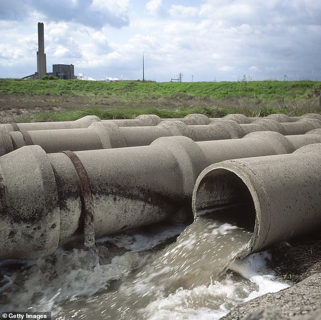 Thames Water and Southern Water performed the worst and will have to return almost £80 million to customers between them. Pictured is wastewater being discharged into the Swale from nearby paper mills, Kemsley, Kent