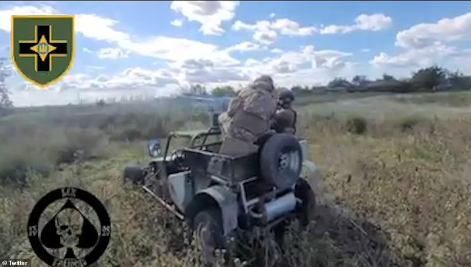 Ukrainian soldiers are pictured fighting in the south of their country yesterday amid successful counter-offensives