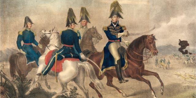 General William Henry Harrison and staff on horseback during the Battle of the Thames, Oct. 5, 1813. 