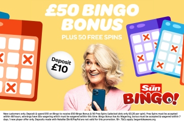 Join Sun Bingo now and you'll receive a £50 bingo bonus and 50 free spins!