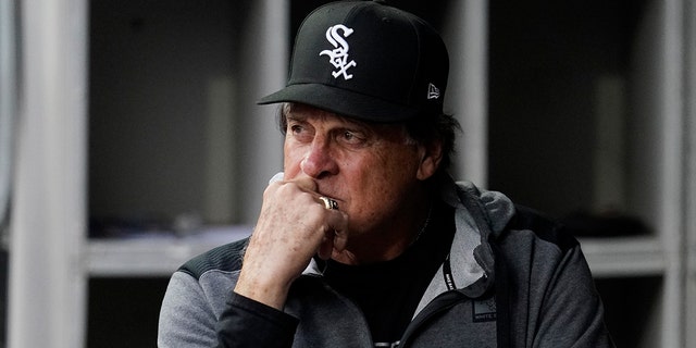 Chicago White Sox manager Tony La Russa looks to the field from the dugout before the team's game against the Texas Rangers in Chicago on June 10, 2022.