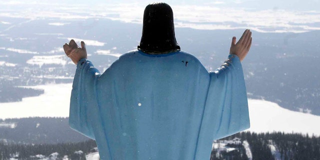 Jesus Christ statue overlooks Whitefish Lake and the Flathead Valley in Whitefish, Montana, Feb. 20, 2011.