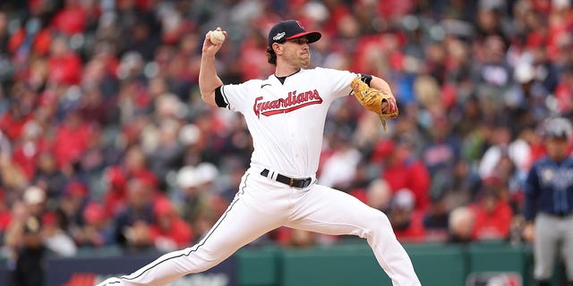 Shane Bieber of the Cleveland Guardians throws a pitch in the third inning against the Tampa Bay Rays during Game 1 of a Wild Card Series at Progressive Field Oct. 7, 2022 in Cleveland.