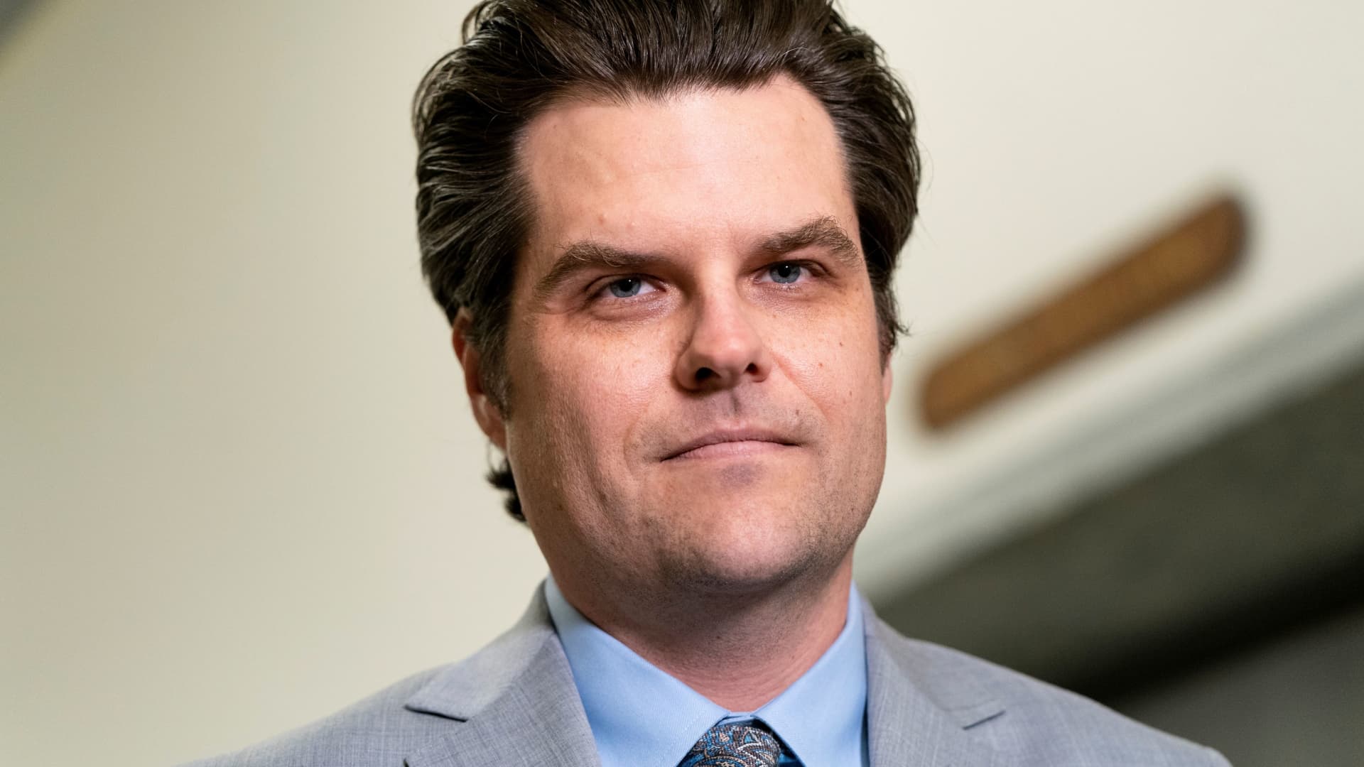 U.S. Rep. Matt Gaetz (R-FL) looks on as he speaks to the media while former White House counsel Don McGahn appears before the House Judiciary Committee on Capitol Hill in Washington, June 4, 2021.