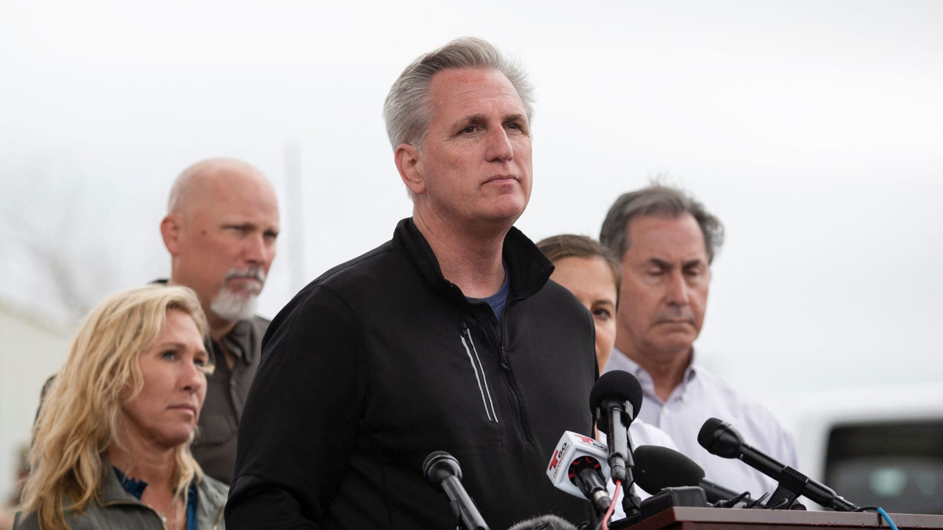 U.S. House Minority Leader Kevin McCarthy (R-CA)pauses as he addresses the media during a congressional delegation visit to the southern border town of Eagle Pass, Texas, U.S. April 25, 2022. 
