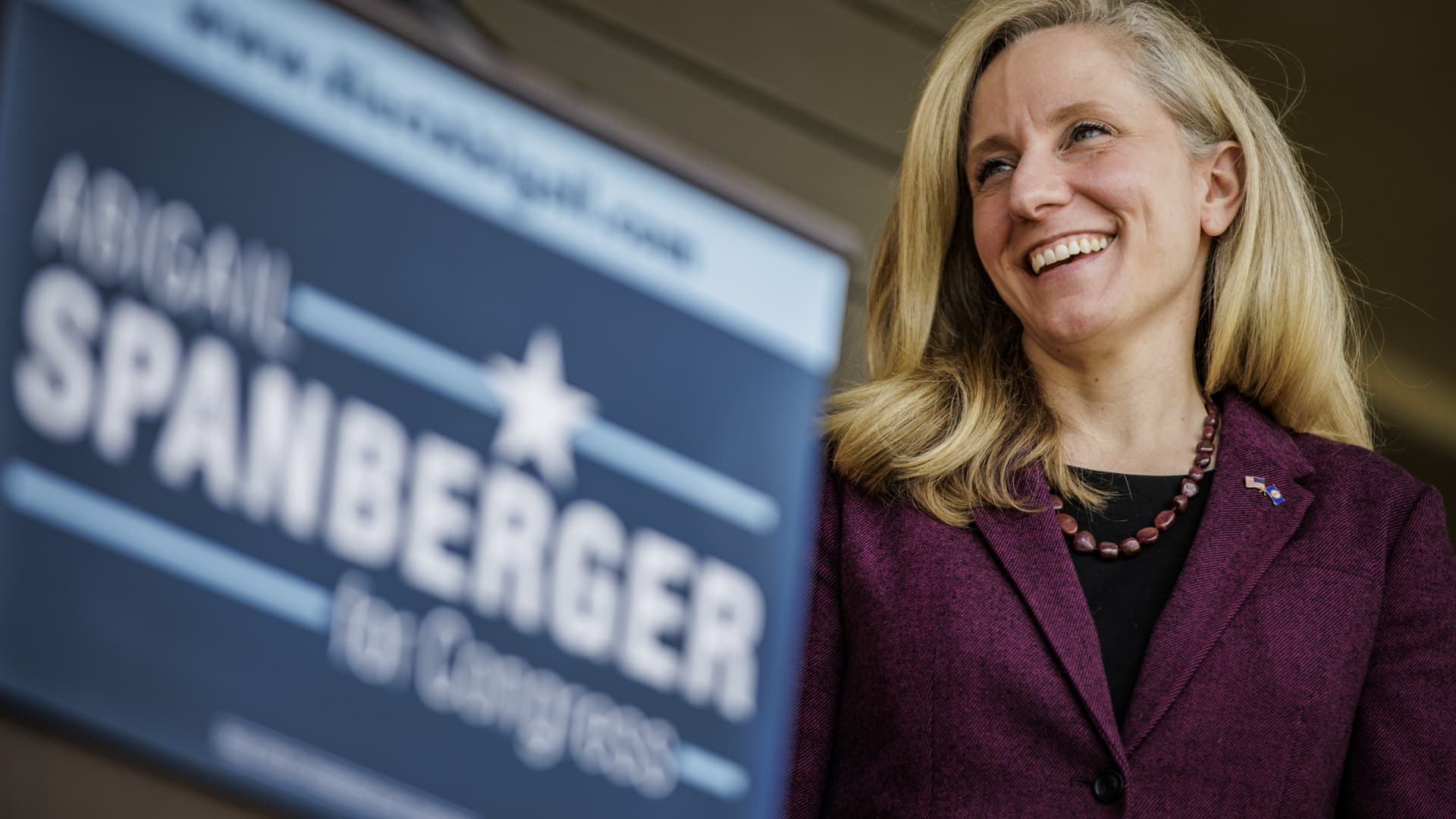 U.S. Rep. Abigail Spanberger (D-VA) during a press conference with Moore Hallmark, Vice President of the U.S. Chamber of Commerce, and Brian Lam, a local business owner, outside of Collage Spa on November 3, 2022 in Fredericksburg, Virginia.