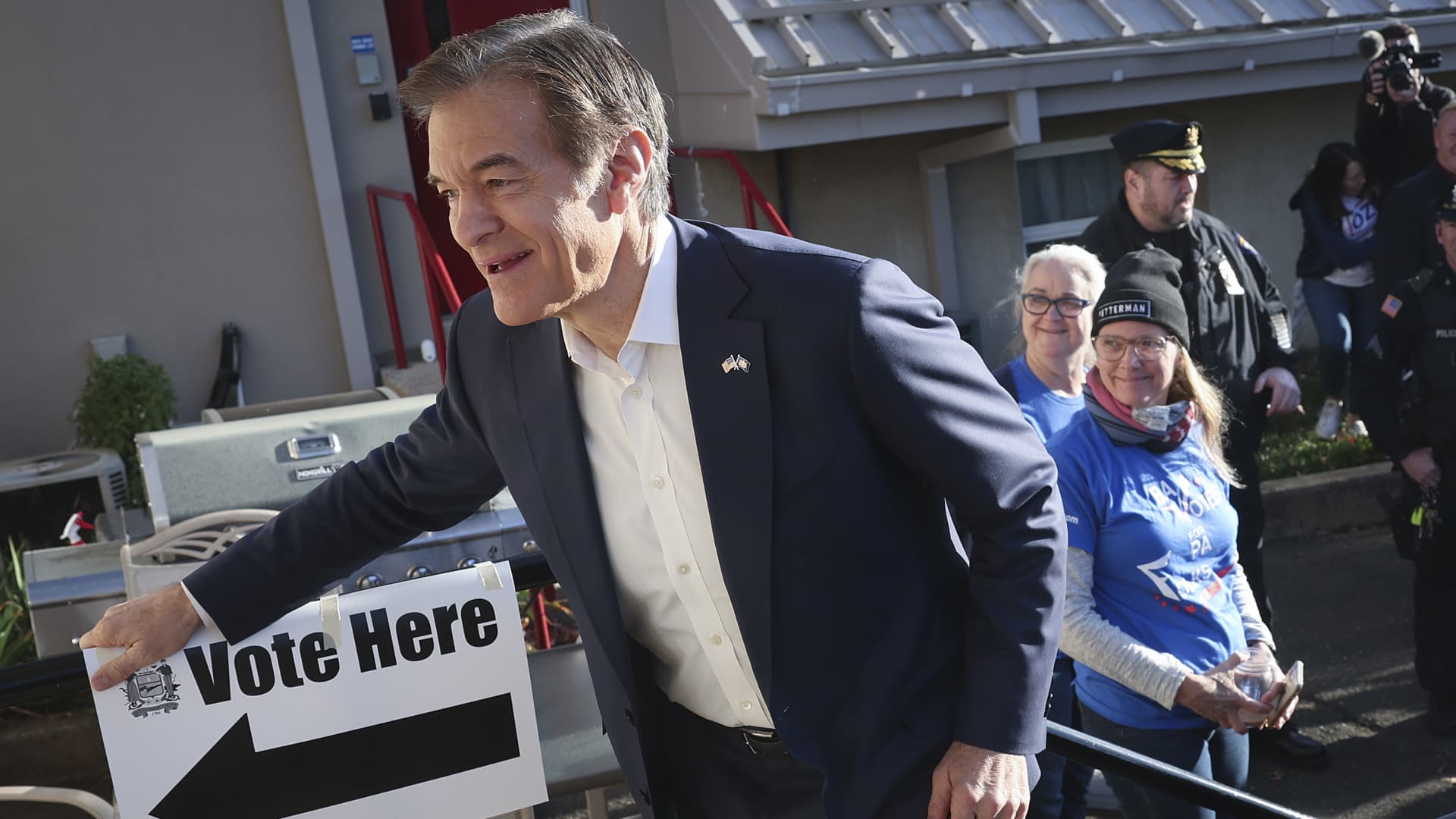Republican U.S. Senate candidate Dr. Mehmet Oz enters the polling station at the Bryn Athyn Borough Hall to cast his ballot on November 8, 2022 in Huntingdon Valley, Pennsylvania.
