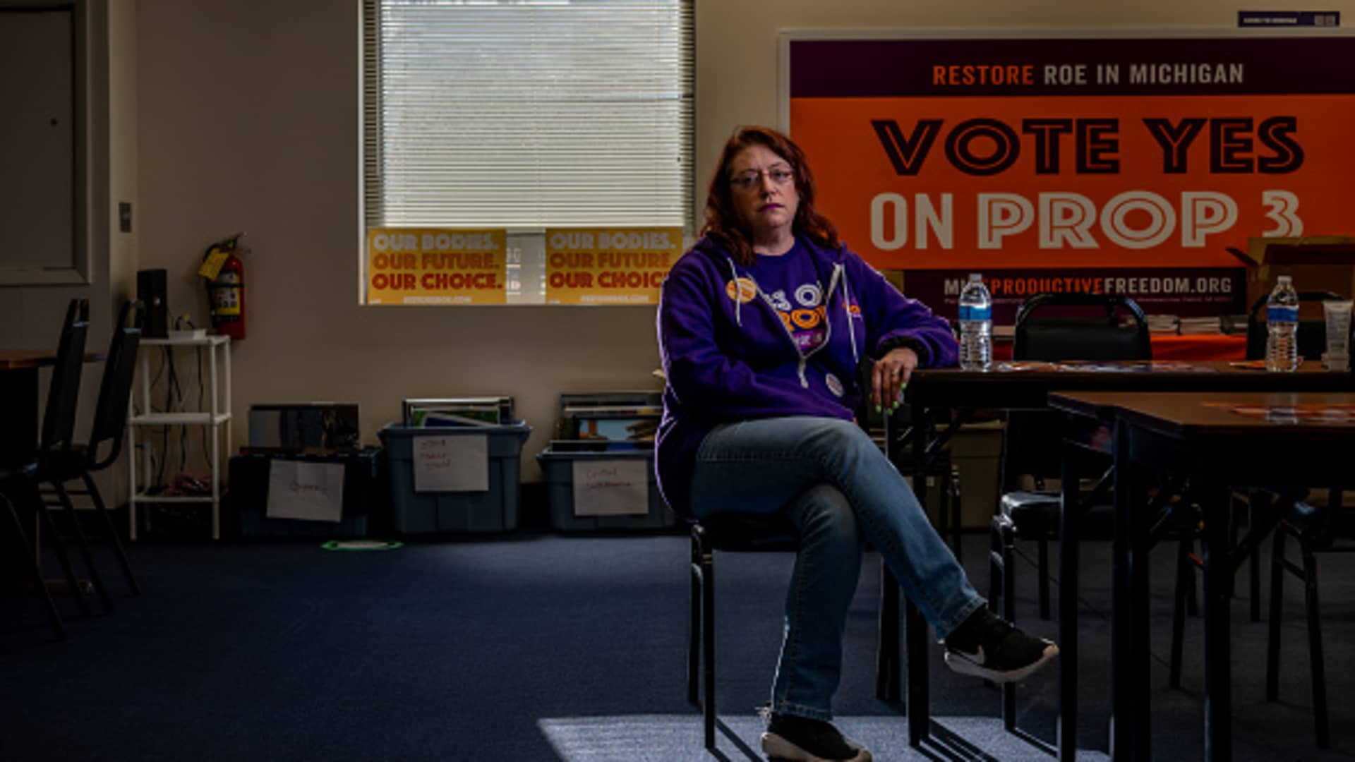 Press Assistant of the RFFA (Reproductive Freedom for All) Beth Bowen sits for a portrait before going out to canvass on November 06, 2022 in Dearborn, Michigan.