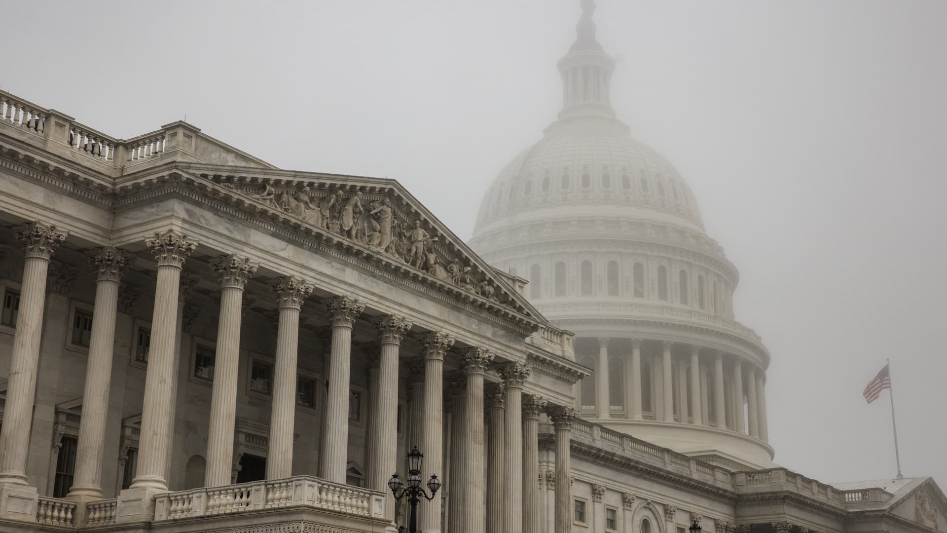 Early morning fog envelopes the U.S. Capitol dome behind the U.S. House of Representatives on November 4, 2022 in Washington, DC.