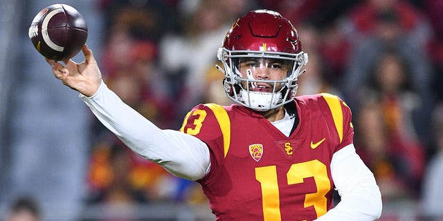 USC Trojans quarterback Caleb Williams passes during a game against the Colorado Buffaloes Nov. 11, 2022, at Los Angeles Memorial Coliseum in Los Angeles. 