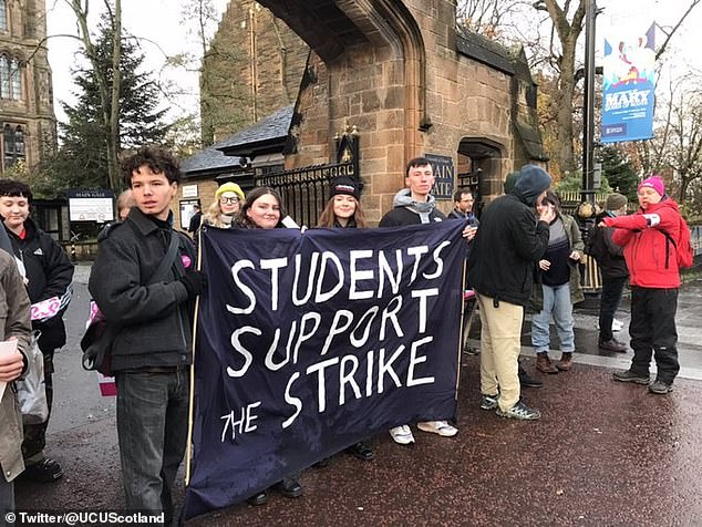 Around 2.5 million students will be impacted by the strikes, but the National Union of Students supports it. Pictured: A protest outside the University of Glasgow