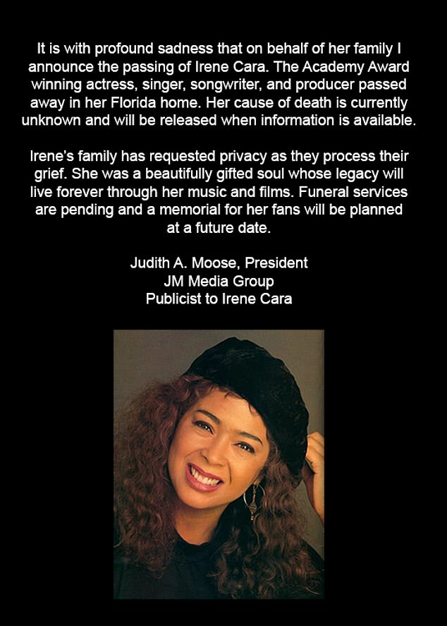 Her death was confirmed by her publicist, Judith Moose, in a statement (above)