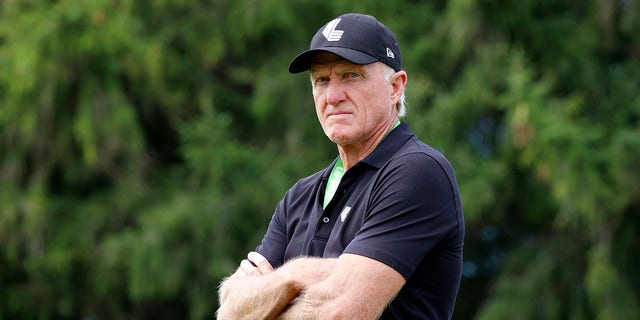 Greg Norman watches the final round of the LIV Golf Invitational Series Chicago at Rich Harvest Farms in Sugar Grove, Illinois.