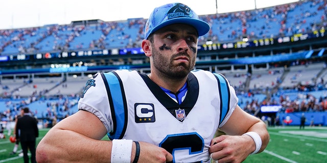 Carolina Panthers quarterback Baker Mayfield leaves the field after a loss against the Cleveland Browns during an NFL football game on Sunday, Sept. 11, 2022, in Charlotte, N.C.