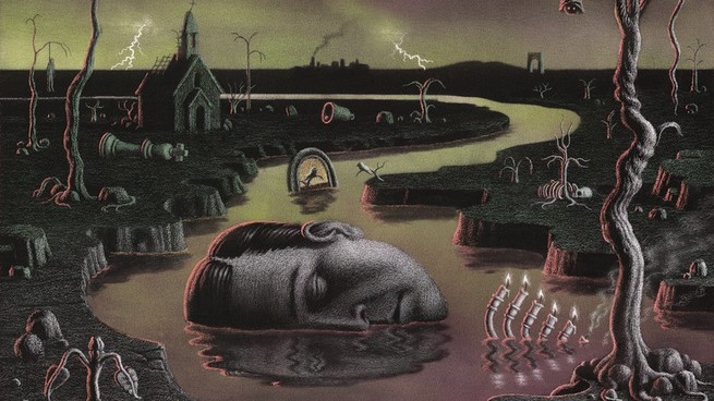 illustration of apocalypse with man's horizontal face half-submerged in river