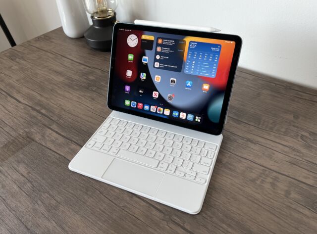 The 2022 iPad Air with the Magic Keyboard and Apple Pencil.
