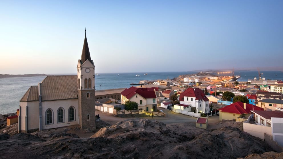 Namibia's coastal town of Lüderitz (in the foreground the Felsenkirche) reveals its past at first glance