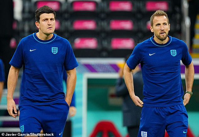 Harry Maguire of England and Harry Kane of England inspect the pitch before the match