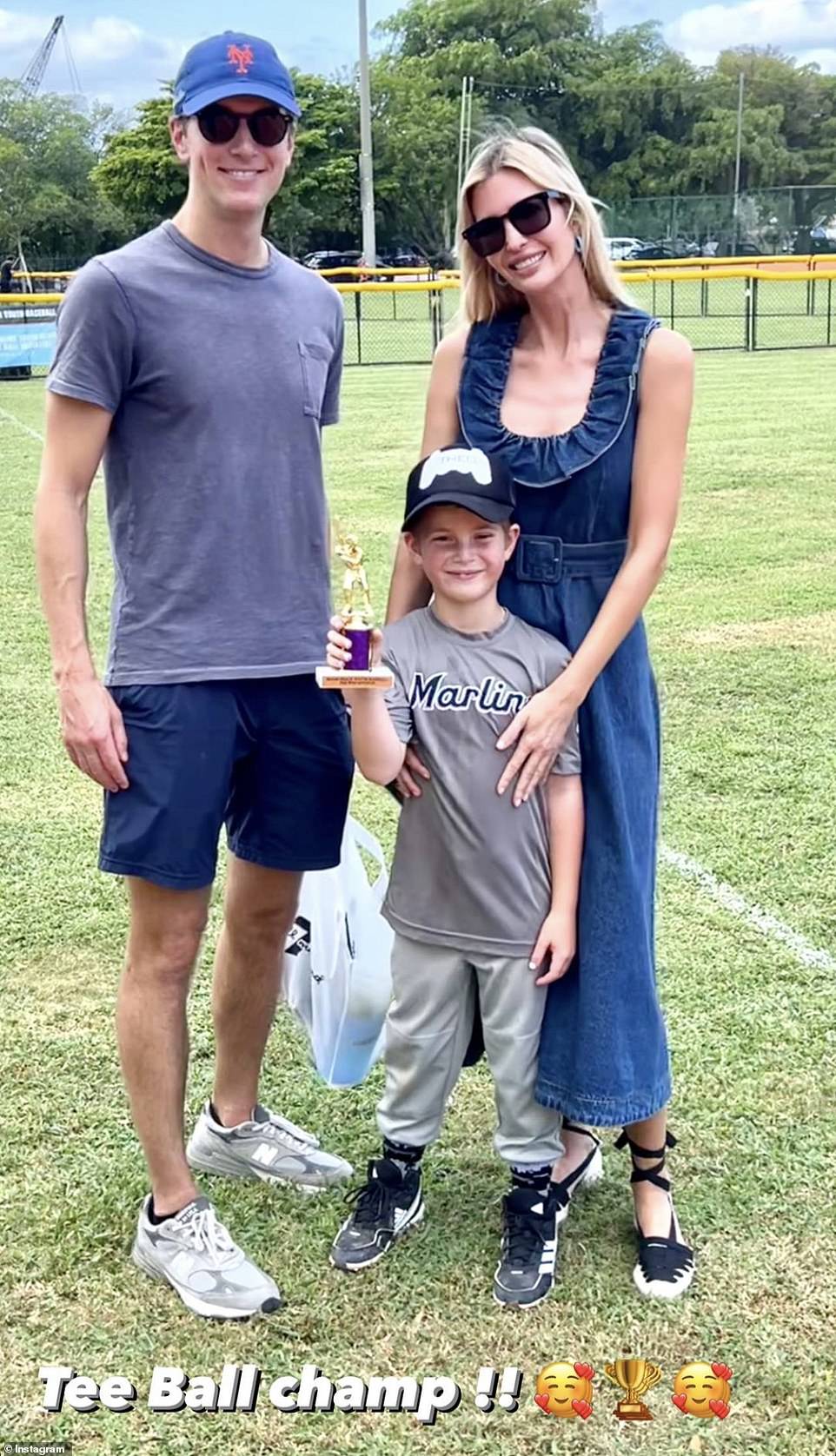 Ivanka later posted the snapshot of them on the field on her Instagram Stories with the caption: 'Tee Ball Champ!!'