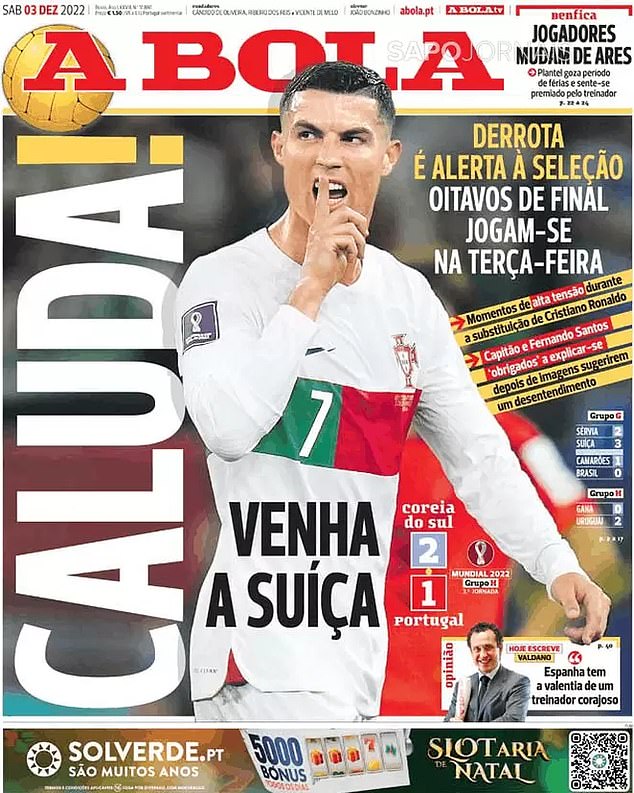 A Bola's front page on Saturday morning - the day after Ronaldo's outburst at being substituted against South Korea