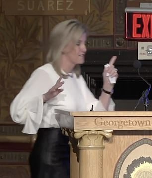 The Countess, 57, asked the audience at the The Georgetown Institute for Women, Peace and Security in Washington DC: 'Would you just forgive me for a minute? I just need a tissue.'